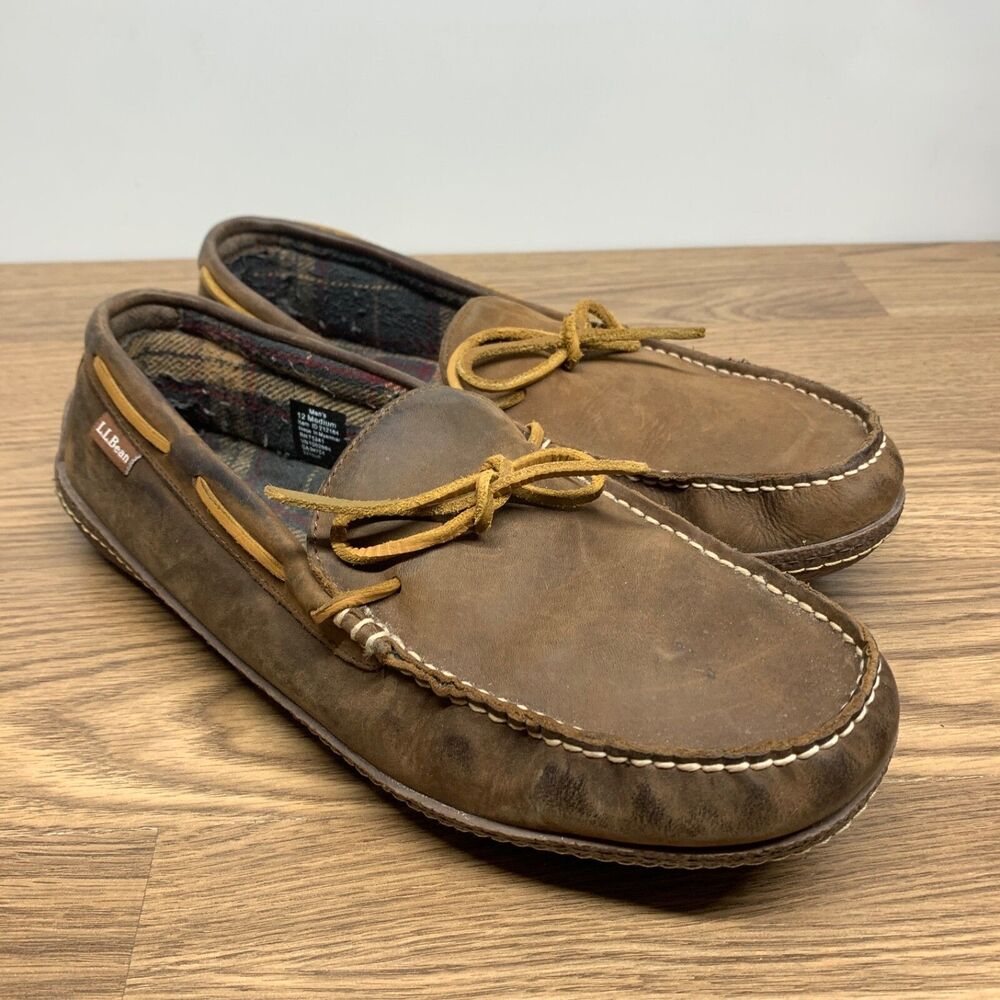 LL Bean Handsewn Leather Slippers Plaid Lining 12 Brown‎ House Shoes Driving Moc
